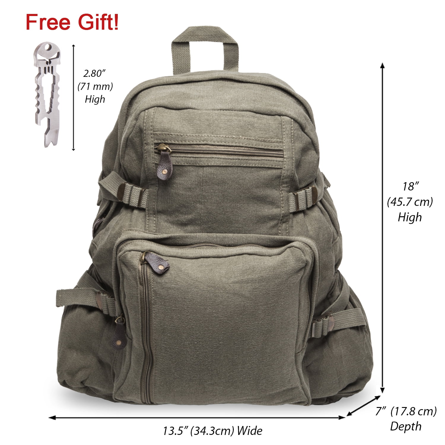 Heavyweight Canvas Backpack Bag, Olive, Large with Silver FREE Punisher