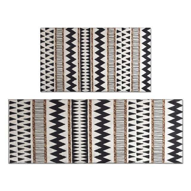 Black and White 2-Piece Kitchen Rugs: Non-Slip Boho Rug Set, Machine Washable, Ideal for Kitchen Floors, Adds Style to Your Decor