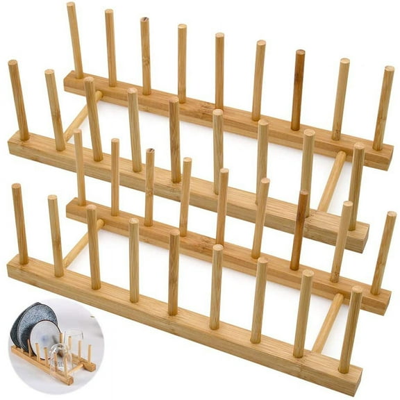 LZYMSZ Set of 2 Bamboo Wooden Dish Rack, Plate Rack Stand Pot Lid Holder, Kitchen Cabinet Organizer for Bowl, Cup, Cutting Board and More