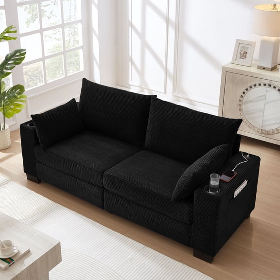 S-HOME Upholstered Corduroy Sofa in with USB Ports and Cup Holders, Spacious 78 Inch 3-Seater Living Room Couch