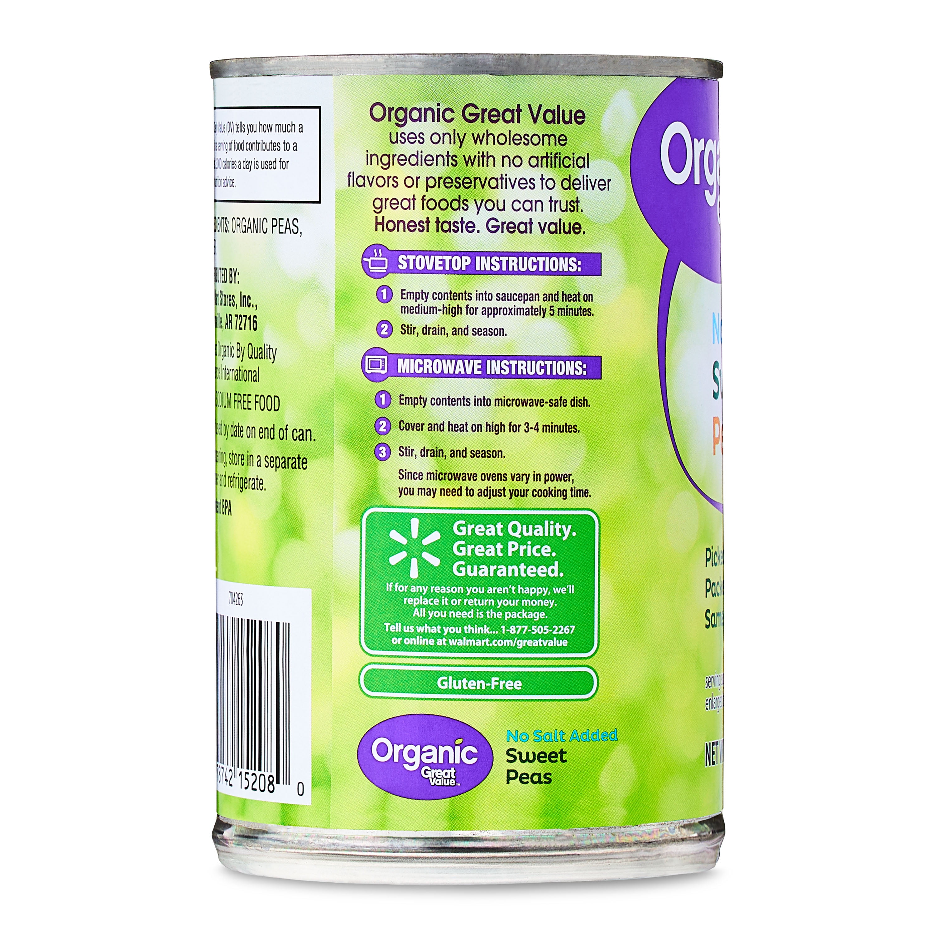 (12 pack) Great Value Organic Sweet Peas No Salt Added, 15 oz