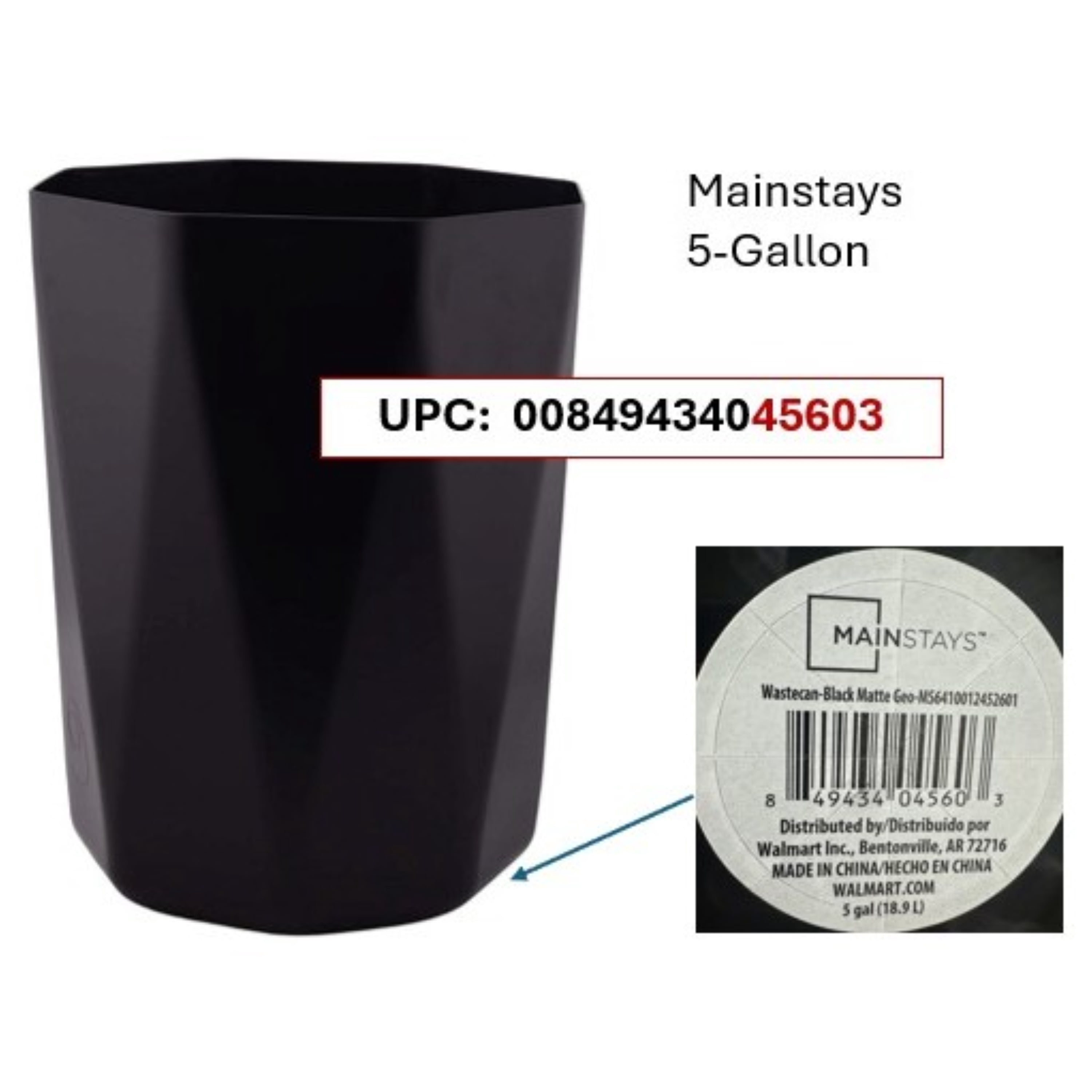 Mainstays Bathroom Trash Can, 5 Gallon Geometric Plastic Garbage Bucket Bin with No Lid, Black