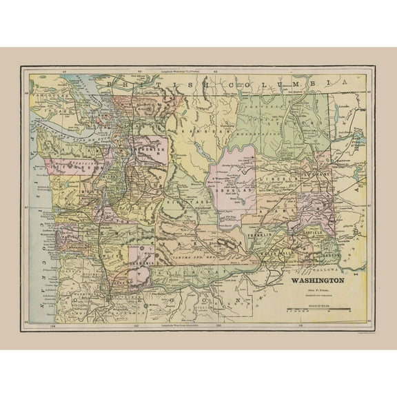 Historic State Map - Washington - Cram 1892 - 30.14 x 23 - Vintage Wall Art
