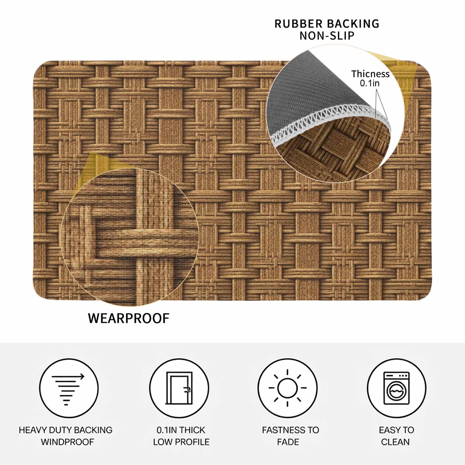 Vintage Rattan Doormat Outdoor Entrance 16"x24", Minimalist Abstract Wicker Texture Brown Absorb Moisture Dirt Door Mats, Non-Slip Rubber Backing Floor Mats Indoor, Low-Profile Front Door Rugs