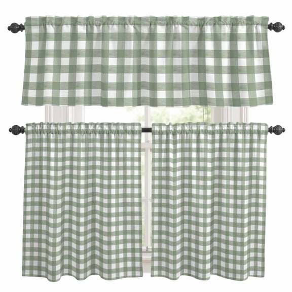 Sage Green Buffalo Plaid Kitchen Curtains, Farmhouse Green White Checkered Kitchen Curtains and Valances Set of 3, Light Filtering Tailored Tier Curtain 24 Inch Length Drapes for Cafe Sink Bedroom