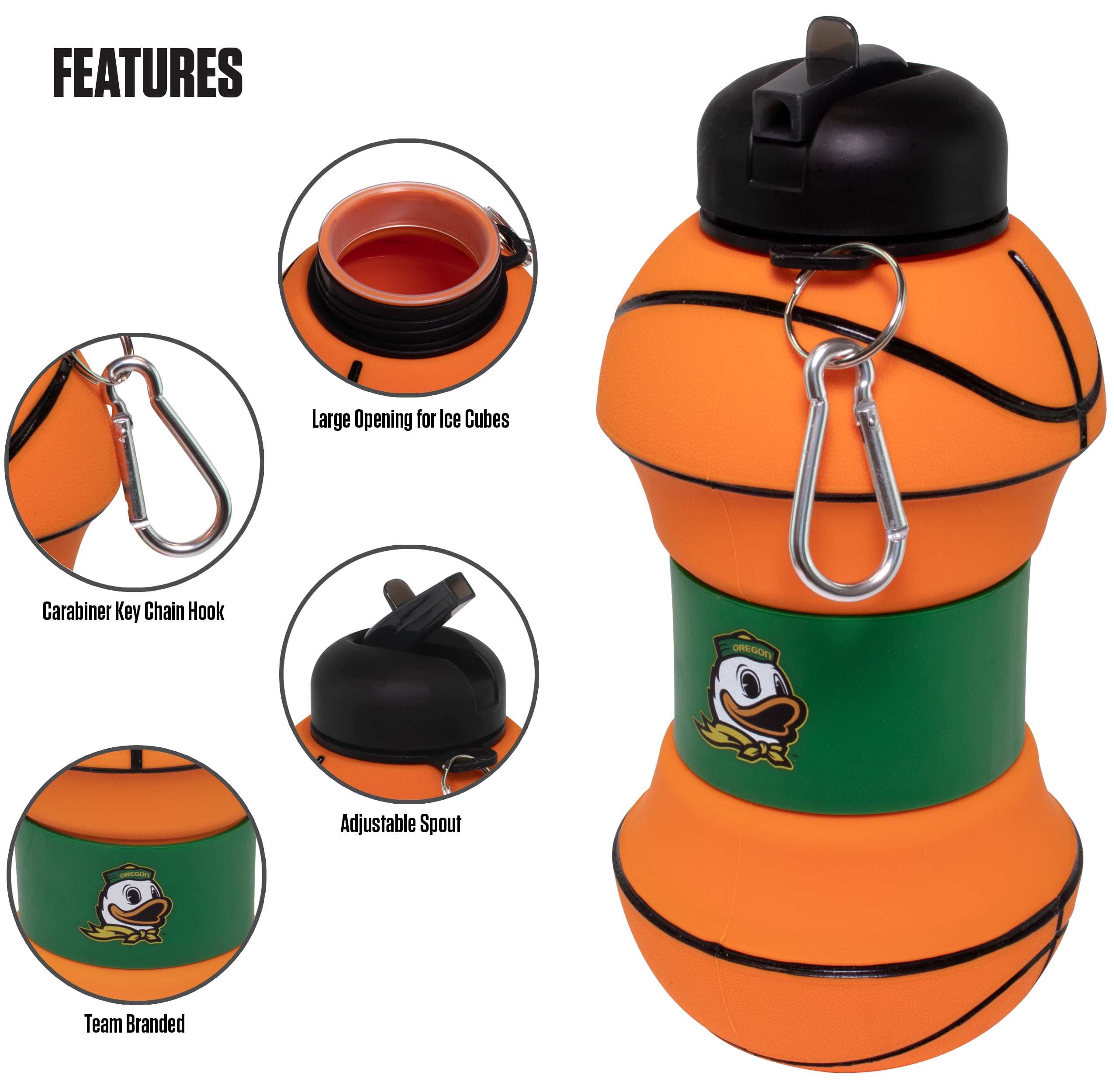 MACCABI ART Oregon Ducks Clip-On Collapsible 1 Liter, 34 oz. size BPA-Free Silicone Basketball Large Water Bottle for Kids