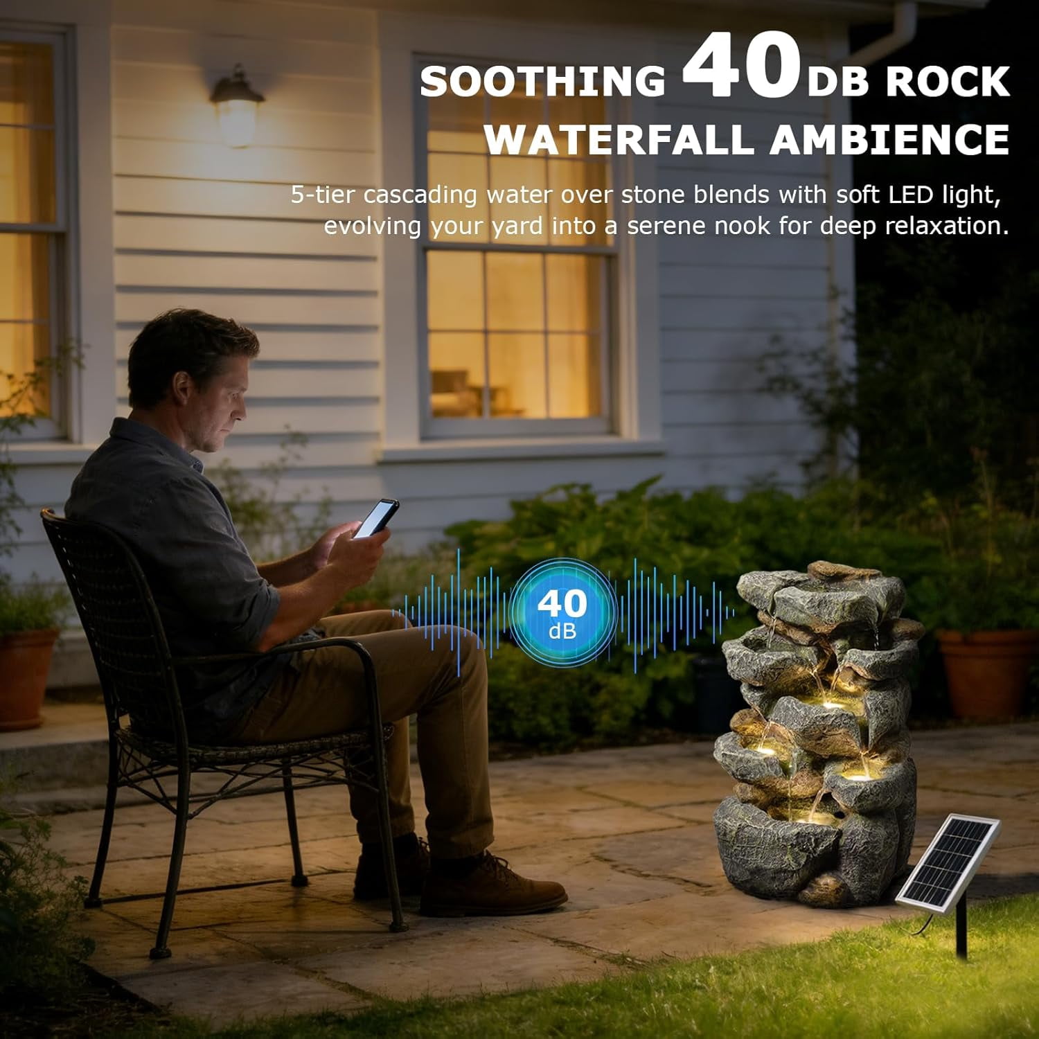 Solar Water Fountain Outdoor Garden,5 Tiered Cascading Rock Solar Powered Water Fountain Water Fall Fountains Outside with Lights for Backyard, Patio, Deck, Porch, 19.3" H x 12.2" L x 9.5" W