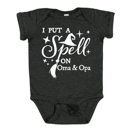 

Inktastic I Put a Spell on Oma and Opa Witch Hat and Broom Gift Baby Boy or Baby Girl Bodysuit