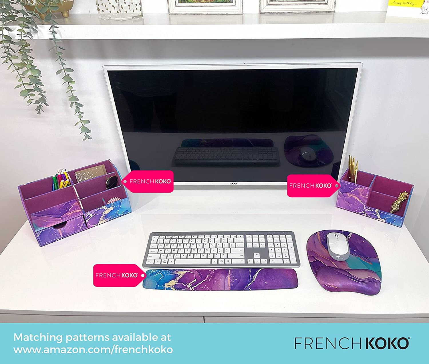 French KOKO Large PU Leather Desk Organizer Pen Holder Office Accessories  Women Kids Girls Work School Supplies - Cute Cactus 