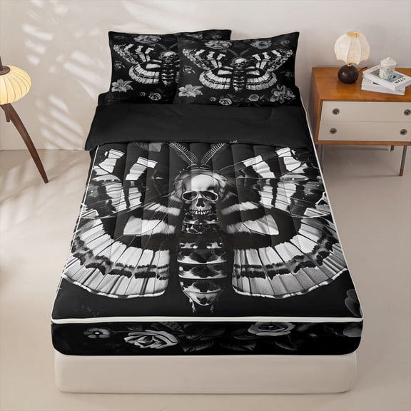 Homewish Goth Skull Moths Zipper Twin Comforter Sets with Fitted Sheet and 2 Pillowcases,Vintage Flowers Zipper Bedding Set,Black Gray,Halloween Bed Set,Black Reversible,4pcs