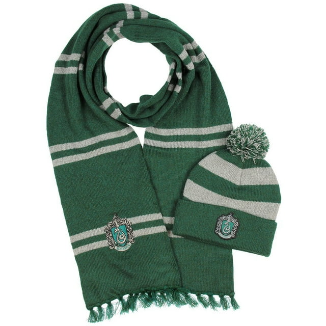 Harry Potter Hogwarts Houses Knit Scarf & Pom Beanie Set (Slytherin)