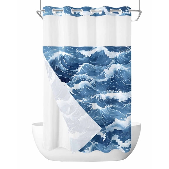 No Hook Cloth Fabric Shower Curtain with Snap in Liner, Ocean Waves Waterproof Shower Curtains Set with See Through Top Window, Summer Beach Coastal Nautical Watercolor Bath Curtains Shower 36"x78"
