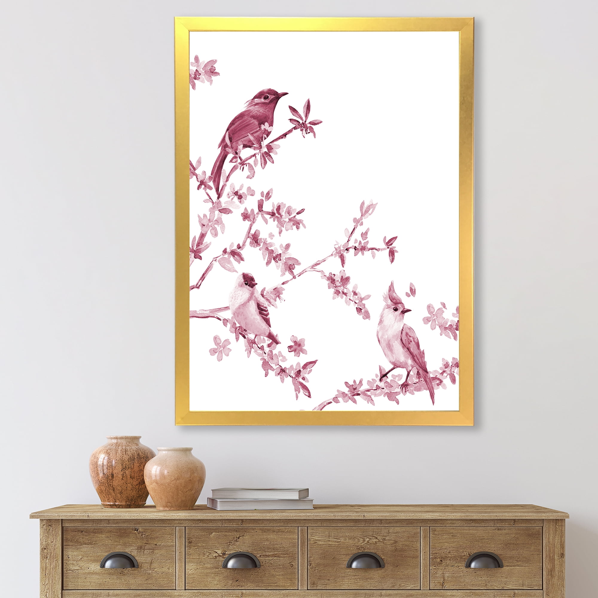 Beautiful Pink Birds Sitting On Flowering Branches 30 in x 40 in Framed Painting Canvas Art Print, by Designart