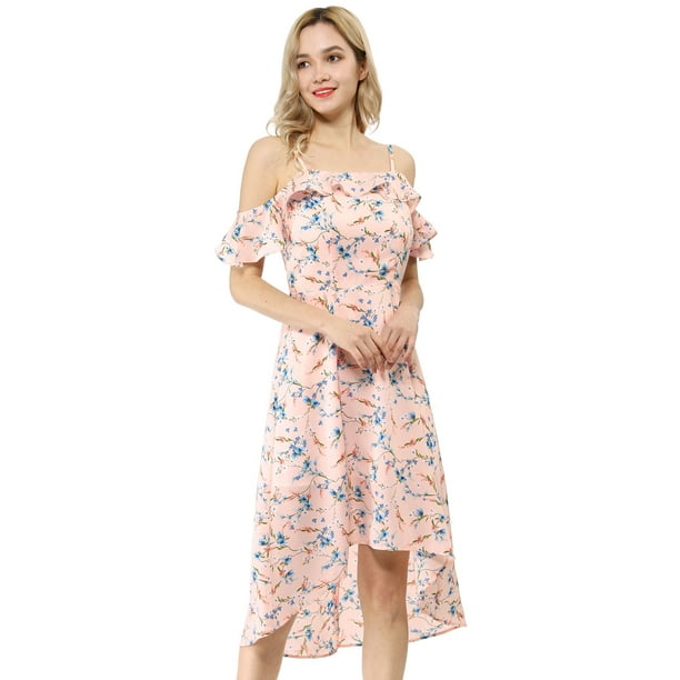 Vestido A Media Pierna Asimétrico Alto Bajo Con Mangas Con Volantes Y Tirantes Spaghatti Para Mujer Rosa L