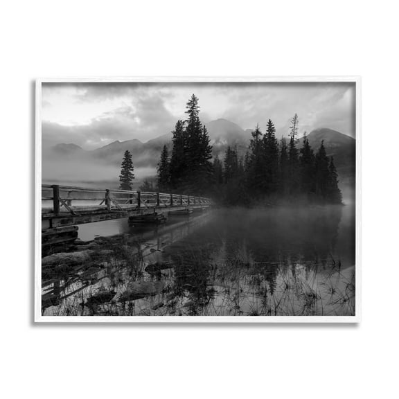 Stupell Industries Black & White Cloudy Scenery Lake Bridge Foggy Mountains Framed Wall Art, 14 x 11, Design by Daniel Sproul