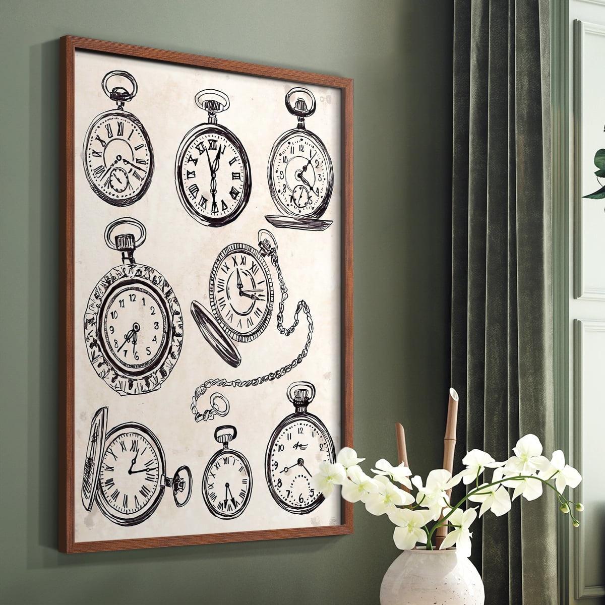 Pocket Watch Sketches I in Brown Solid Wood 11 x 14 Framed Print