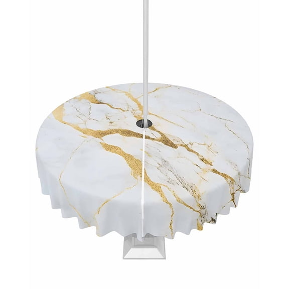 Fsddascl Marble White Gold Outdoor Tablecloth - 54 Inch Round Dining Table Cover, Modern Marbles Geometric Waterproof Outdoor Table Cloth with Umbrella Hole & Zipper for Picnic/Patio/Party