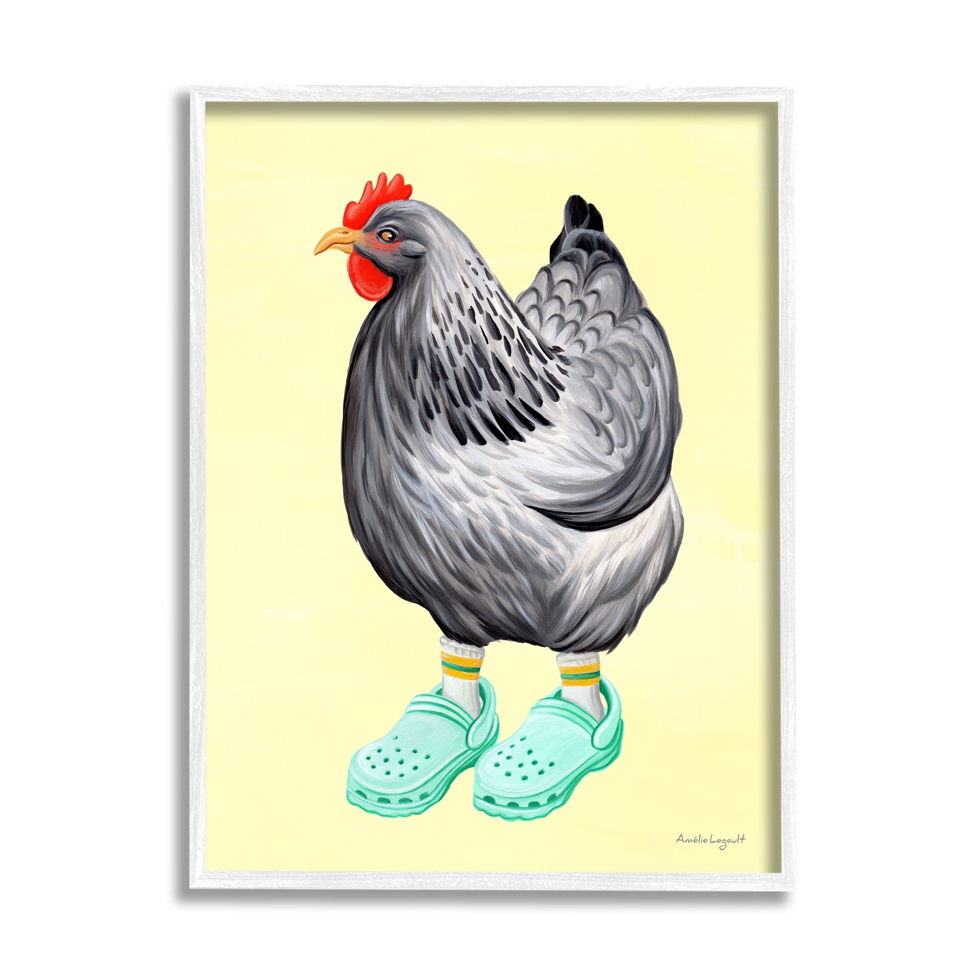 Stupell Industries Chicken Hen Vibrant Rubber Clogs Farm Animal Graphic Art White Framed Art Print Wall Art, Design by Amelie Legault