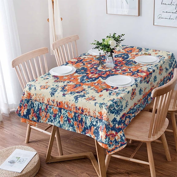 Boho Orange Blue Tablecloth Rectangle Table Cloth 52x70 , Waterproof Tablecloth Outdoor Table Cloth, Boho Vintage Geometric Art Ethnic Washable Table Cover for Kitchen Dining Party