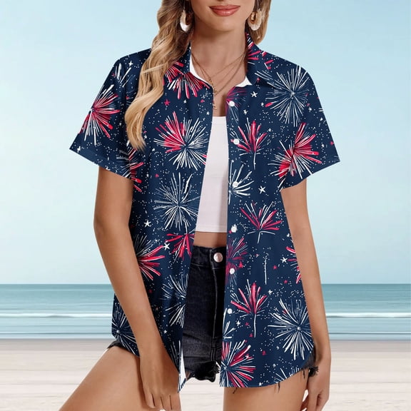 Wiyuqeen 4th of July Button Down Shirts Womens Short Sleeve Beach Holiday Hawaiian Shirts Casual Loose American Flag Shirts Plus Size