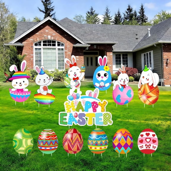 13PCS Easter Yard Signs with Stakes - Colorful Eggs & Bunny Outdoor Decor, Waterproof Happy Easter Lawn Decorations for Yard Garden Patio Egg Hunt Party Supplies