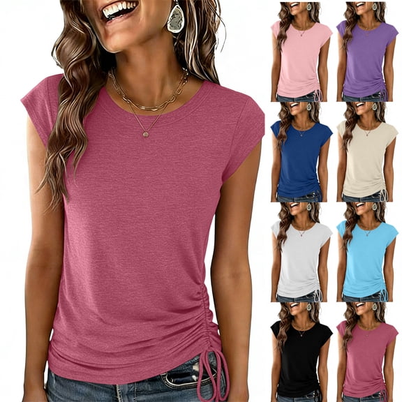 Womens Cap Sleeve T Shirts Crewneck Tops Casual Spring Fashion Outfits Cute Trendy Slim Fit Sports Tees 2026 Summer Clothes