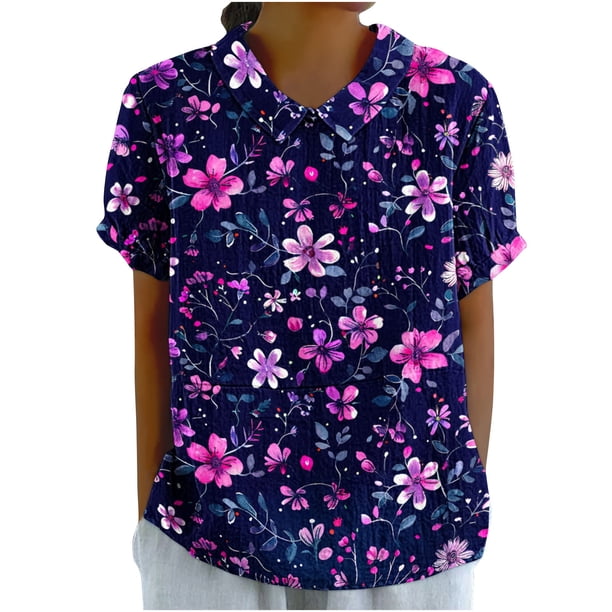 Blusas de Manga Corta para las Mujeres Cuello de Muñeca Lindo Lino Algodón, Impreso Suelto Camiseta para el Uso Casual, Diario Y de Verano