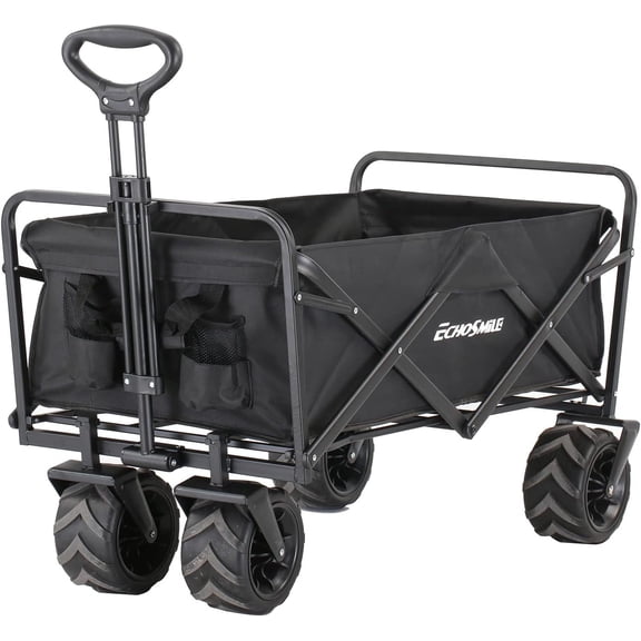 Heavy Duty 350 Lbs Capacity Collapsible Wagon, Outdoor Folding Camping Wagons, Grocery Portable Utility Cart, Adjustable Rolling Carts, All Terrain Sports Wagon with Big Wheels
