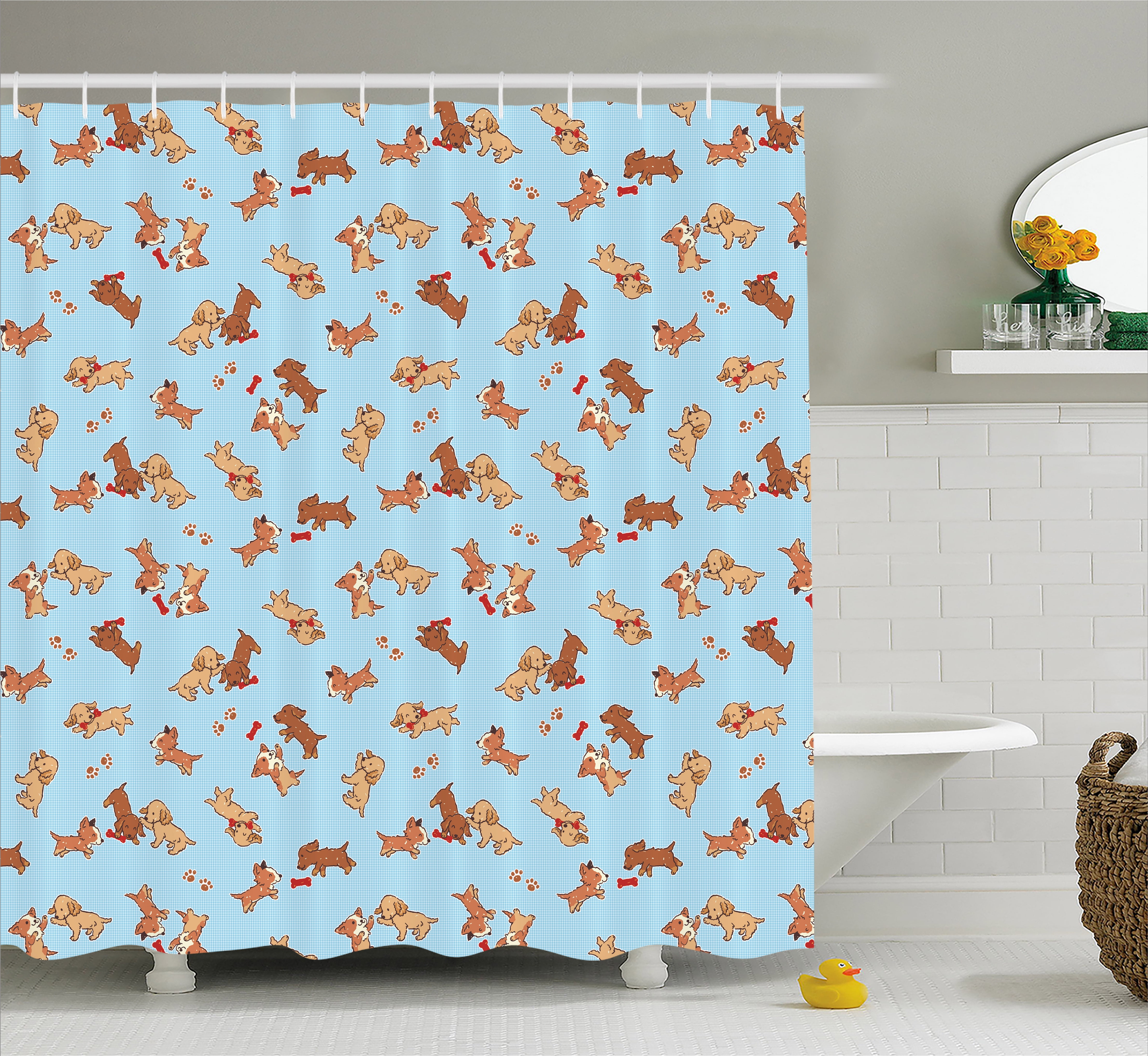 Dog Shower Curtain, Checkered Square Pattern Background Playful Puppies