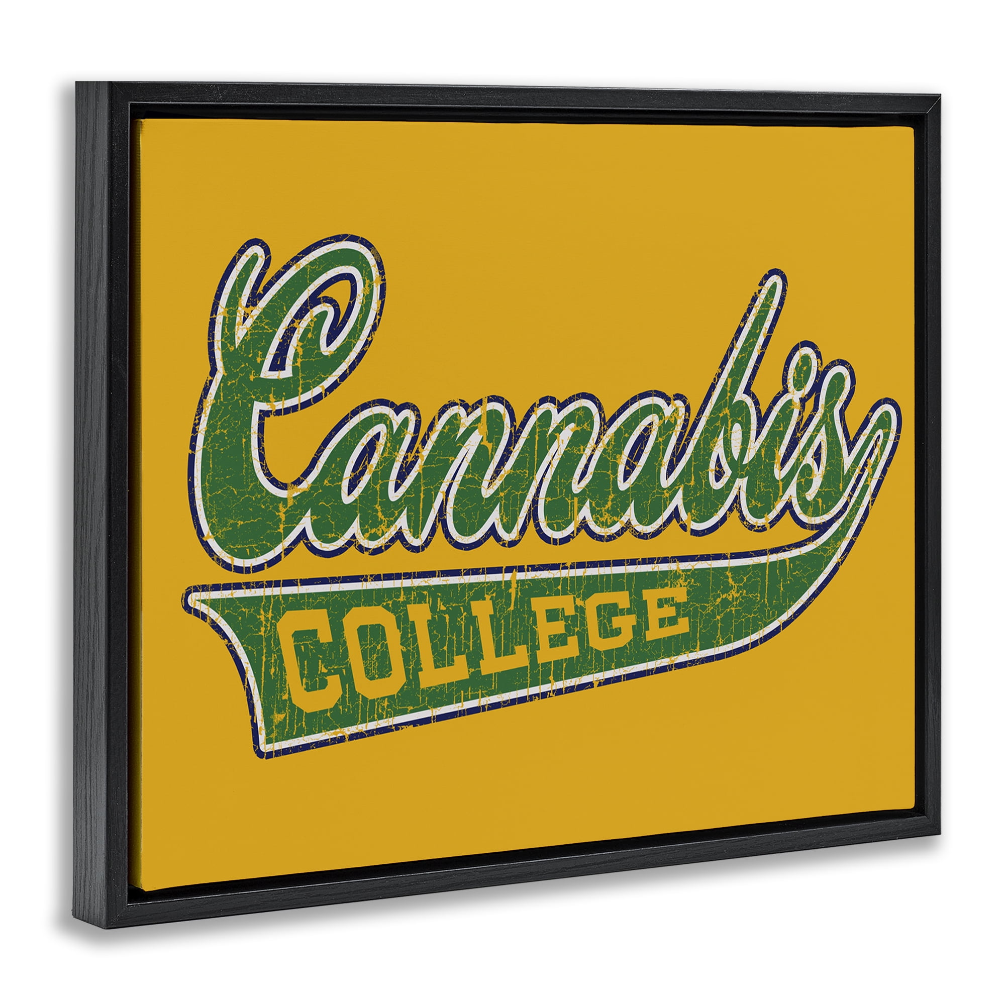 Stupell Industries Cannabis College Varsity Novelty & Humor Painting Black Floater Framed Canvas Art Print Wall Art, 21 x 17