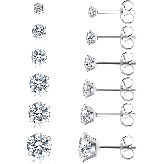 6 Pairs TAETOE Earrings Set, Hypoallergenic Cubic Zirconia 316L Earrings Stainless Steel CZ Earrings 3-8mm (Steel color)