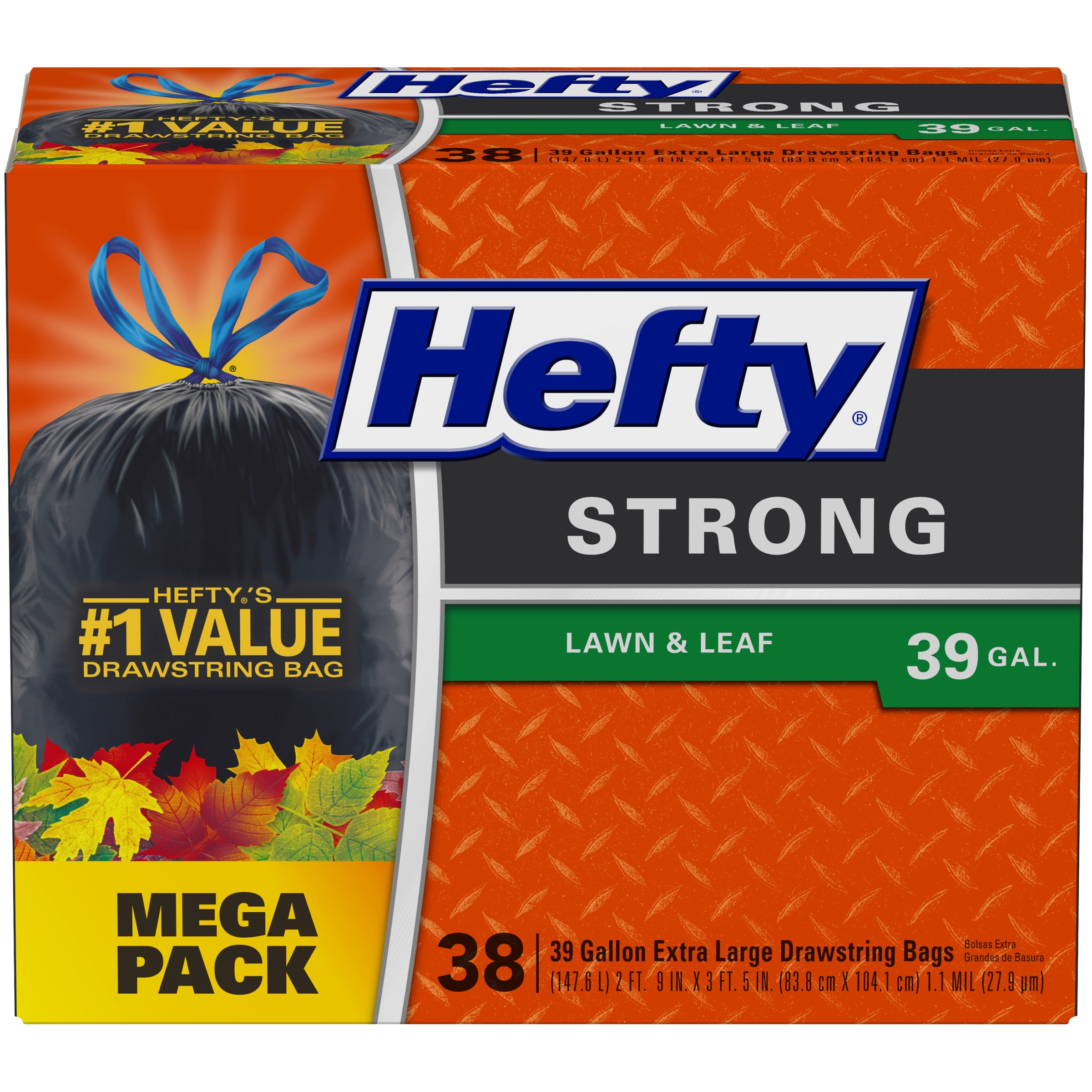 Garbage Bags Lawn and Leaf, Drawstring, 39 Gallon Hefty Strong Large Trash 