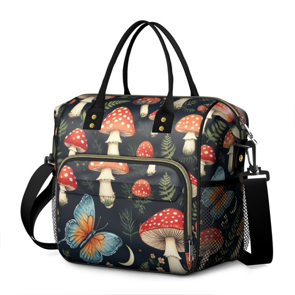 OBREWU Mushroom Butterfly Pattern Women's Insulated Leakproof Large Lunch Bag, Oxford Cloth