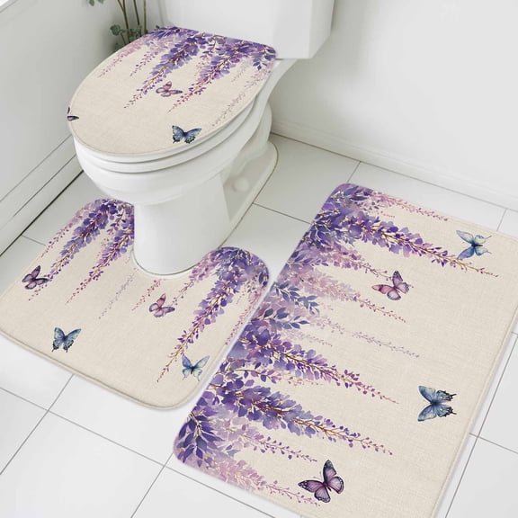 Spring Flower Bathroom Rugs Set Vintage Watercolor Purple Wisteria Floral Butterfly Linen Texture Non Slip Absorbent Bath Mats 3 Piece Set, U-Shaped Floor Mat, Toilet Seat Cover Large Size