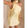 thumbnail image 3 of Solid Cream Yellow Asymmetrical Shoulder Backless Mini Satin Dress for Cocktail, Wedding Guest, Valentine's Day, 3 of 7