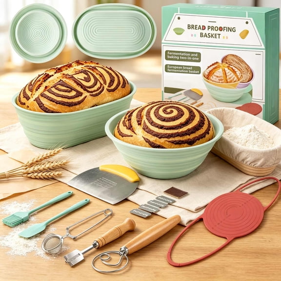 VOZOGO 9Pcs Sourdough Starter Kit, 9"Round & 10" Oval Collapsible Silicone Banneton Baskets with 7 Baking Tools for Homemade Bread