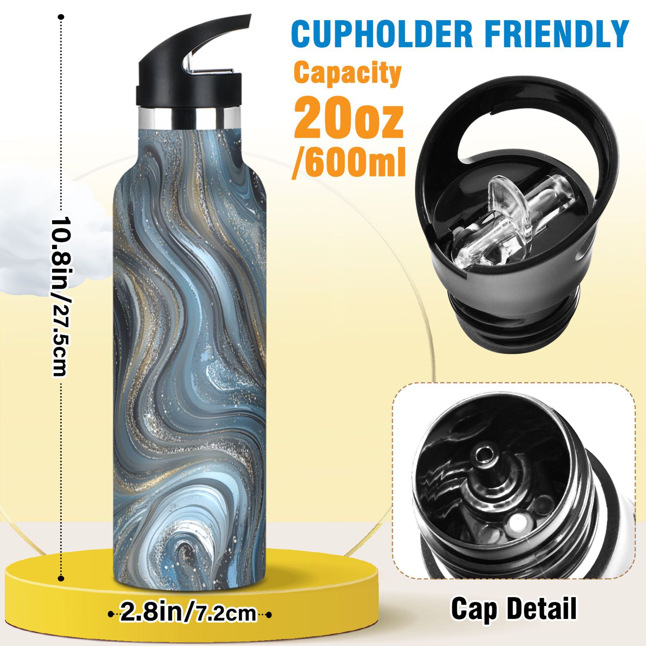 Kids Insulated Stainless Steel Sports Water Bottle 600ml (20oz) Swirling Metal and Marble Pattern