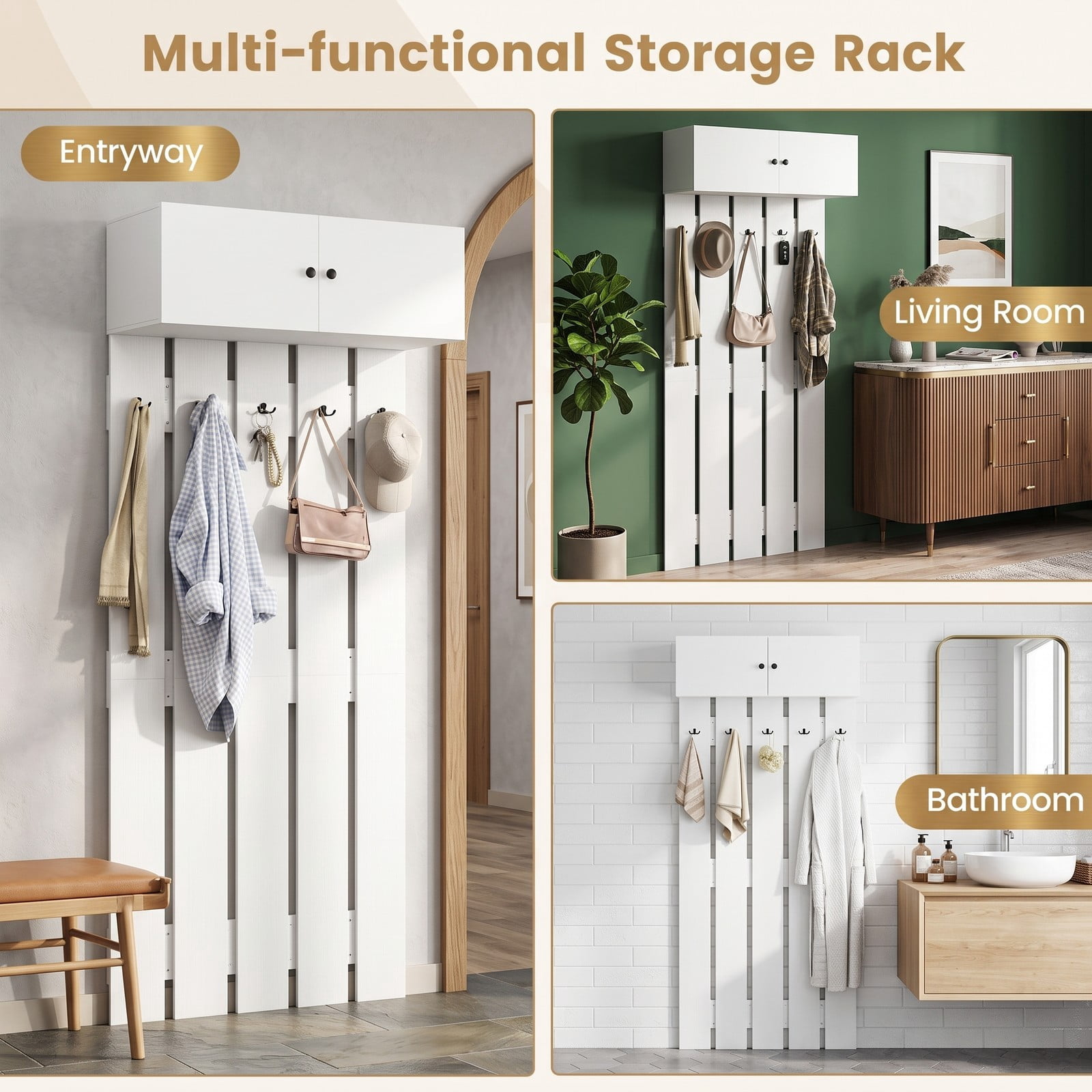 Furnibear Wall Mounted Coat Rack with Upper Storage Cabinet and 5 Metal Hooks for Entryway Kitchen and Living Room, White