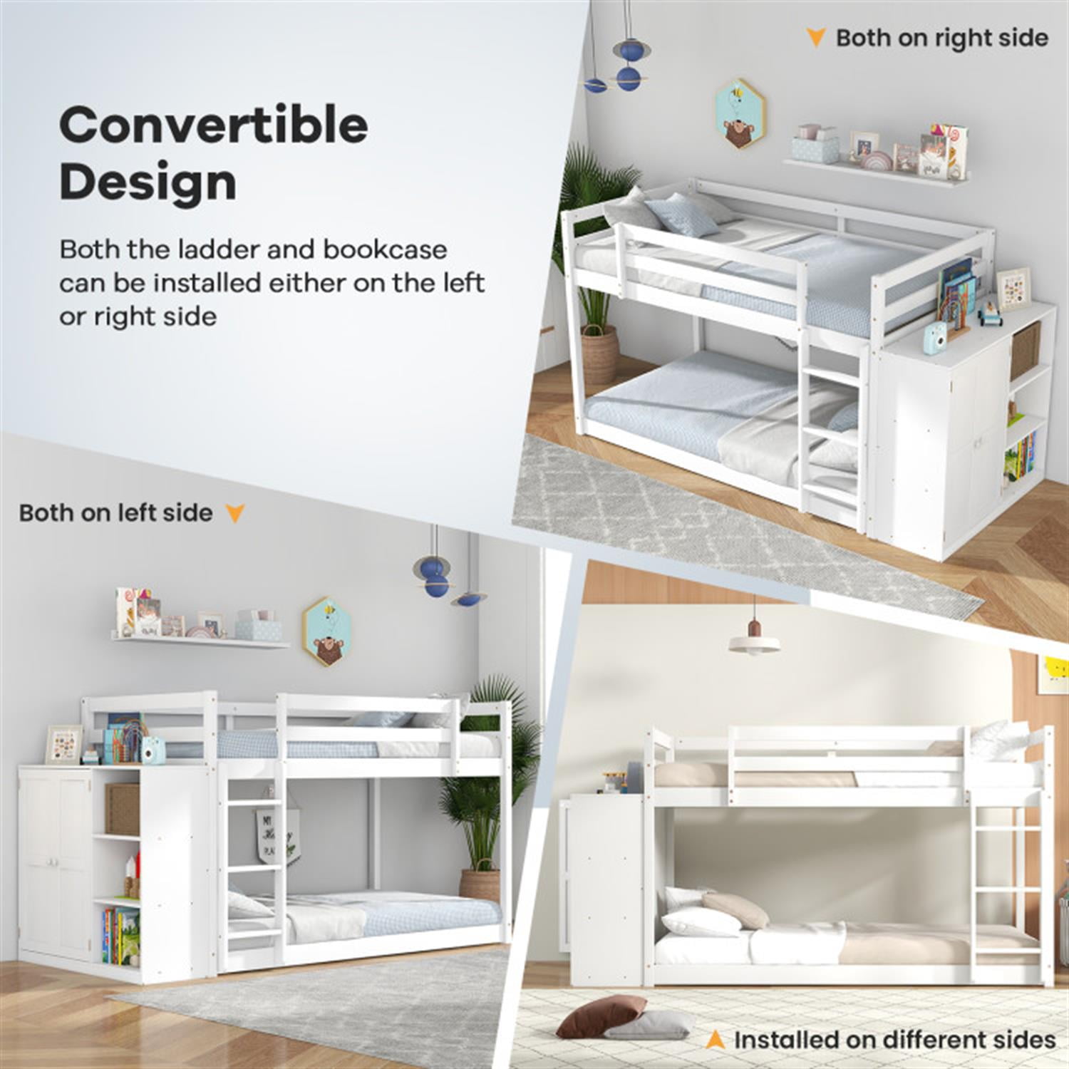 Demi Bonn Twin Over Twin Bunk Bed with Convertible Bookcase and Safety Guardrails, Twin Bunk Beds, Space-saving Solid Wood Bed Frame, White