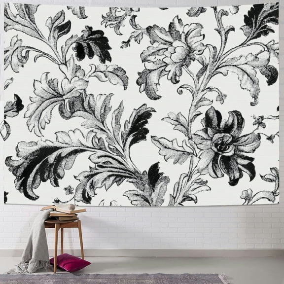 Autua Floral Pattern Black White Tapestry Wall Hanging Art Decor 40x30inch