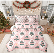 Manfei Pink Green Xmas Tree Twin Bedding Sets 7-Piece, Cartoon Christmas Buffalo Bedding Comforter Set, Teen Kid Child Reversible Sheet Sets, Luxury Bedroom Decor