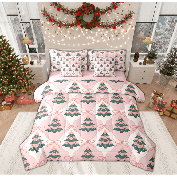 Manfei Pink Green Xmas Tree Twin Bedding Sets 7-Piece, Cartoon Christmas Buffalo Bedding Comforter Set, Teen Kid Child Reversible Sheet Sets, Luxury Bedroom Decor