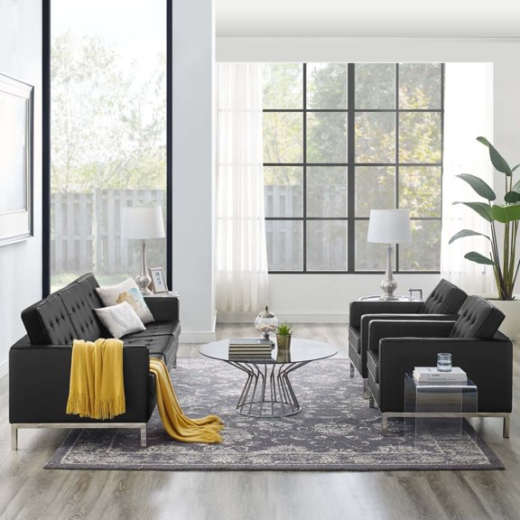 Modway Loft 3 Piece Tufted Faux Leather Sofa Set - Silver Navy