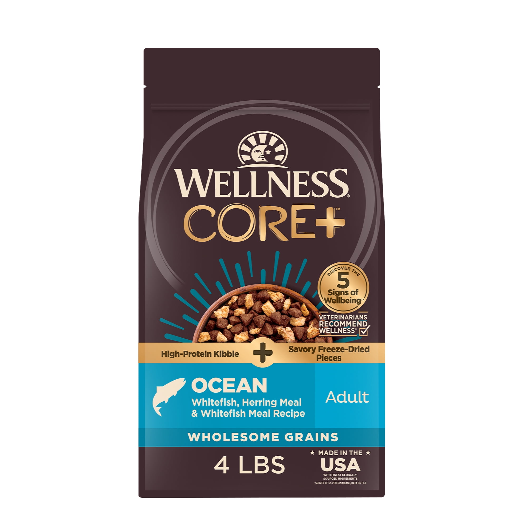 Wellness CORE+ Dry Dog Food with Freeze Dried Pieces, Grain Free, High Protein, Natural, Ocean Whitefish, Herring, & Salmon Recipe, (18-Pound Bag)