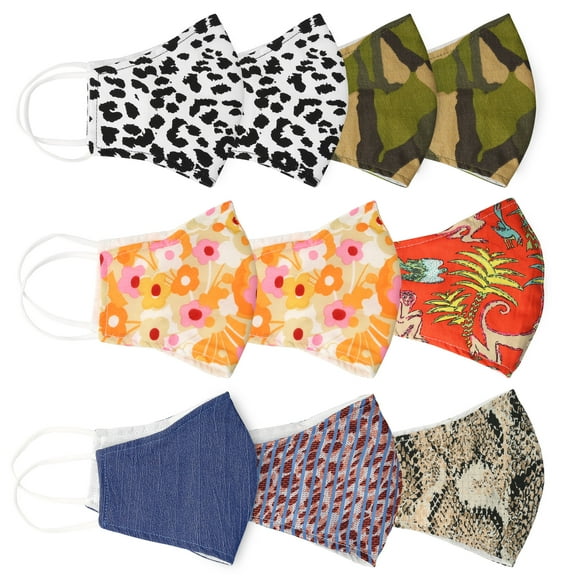 Bling Jewelry Womens Mixed Prints Blue Pink Orange Fabric Face Mask Nose Clip Filter Pocket 10 Pack