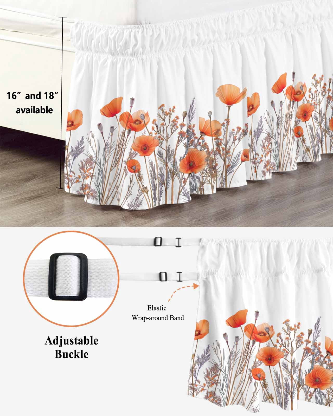 Orange Spring Floral Wrap Around Bed Skirts for Queen Bed 16" Drop, Bed Skirt with Adjustable Elastic Belt Dust Ruffle Bed Valance for Bedroom Hotel Luxury Watercolor Summer Botanical Bed Frame Cover