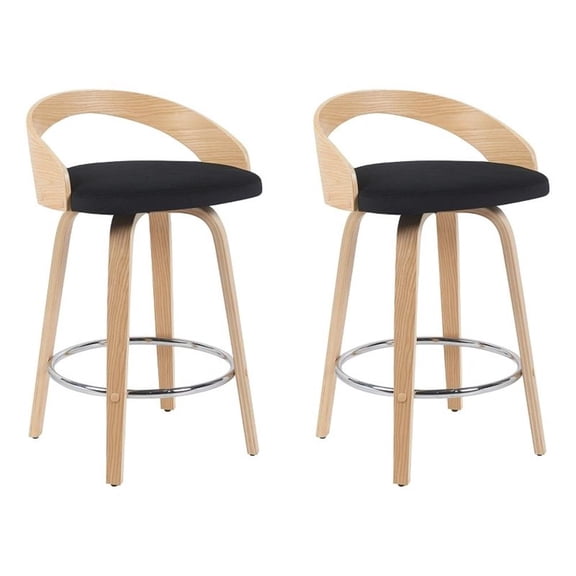 Sonia Swivel Counter Height Bar Stool with Black Seat and Oak Wood- Set of 2
