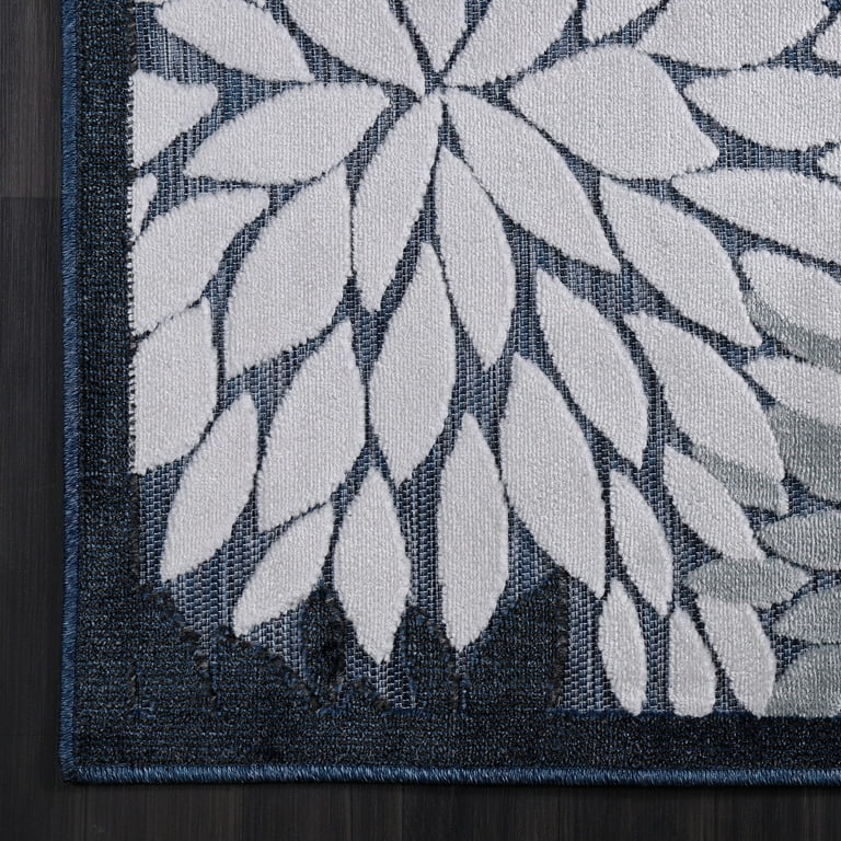 CAMILSON Blossom Indoor Outdoor Rug Floral Exotic Tropical Non-Shedding Rug Navy Blue 7'10 x 10