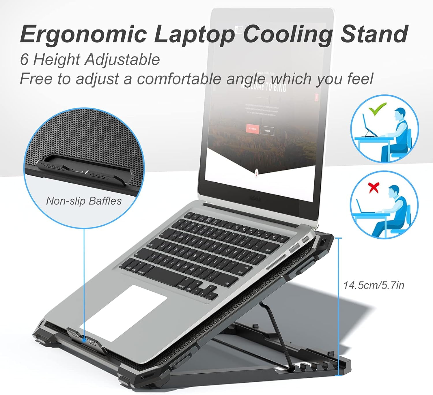 Laptop Cooling Pad with 6 Cooling Fans, Cooling Pad for Laptop Fan 13-15.6 Inch, Laptop Cooler Stand with 6 Height Adjustable, Notebook Cooler Pad with Two USB Port
