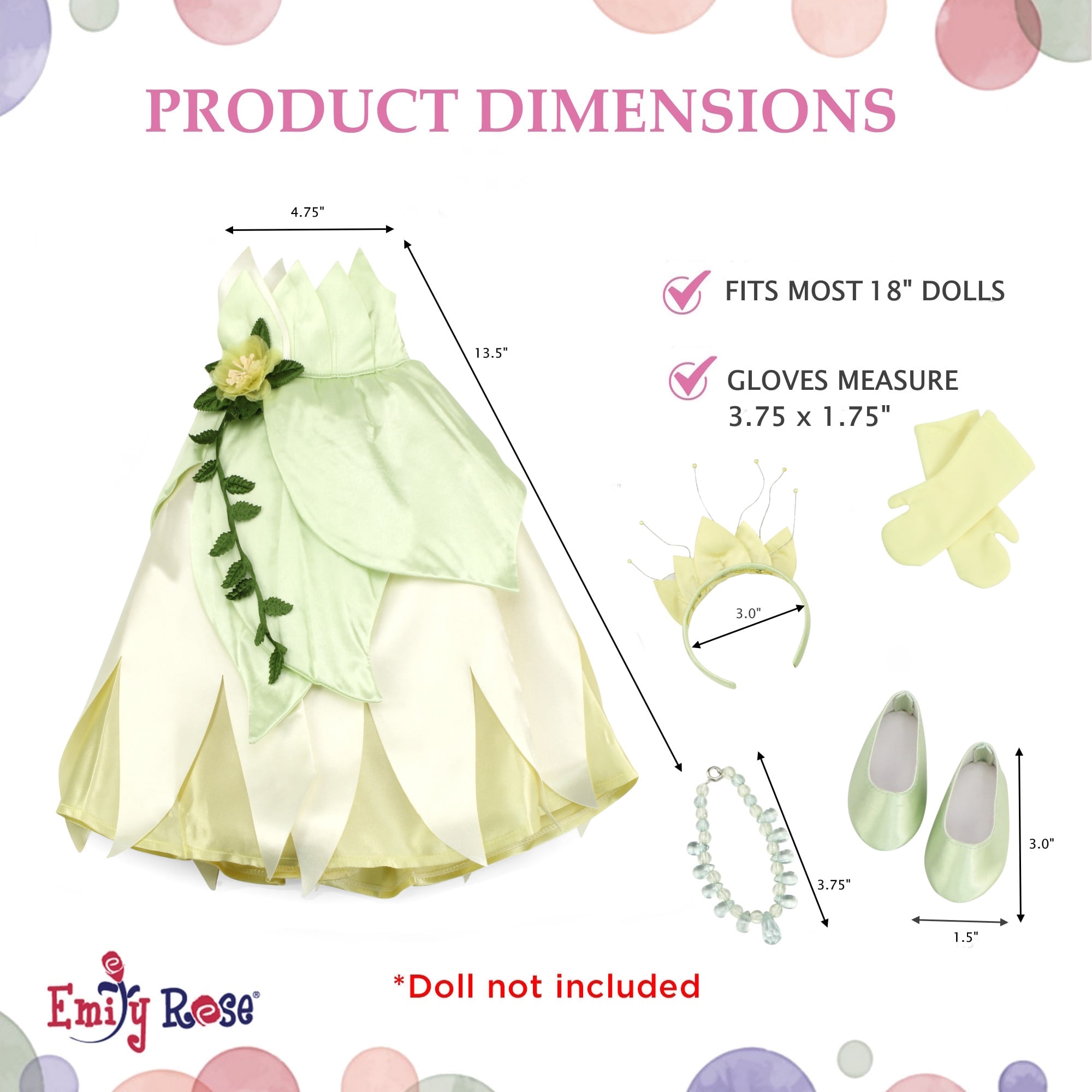 Emily Rose 18 Inch Doll Clothes | 18" Doll 5-Piece Princess Tiana-Inspired Dress Costume with Crown, Necklace, Gloves and Matching Doll Shoes | Compatible with American Girl and Similar Dolls